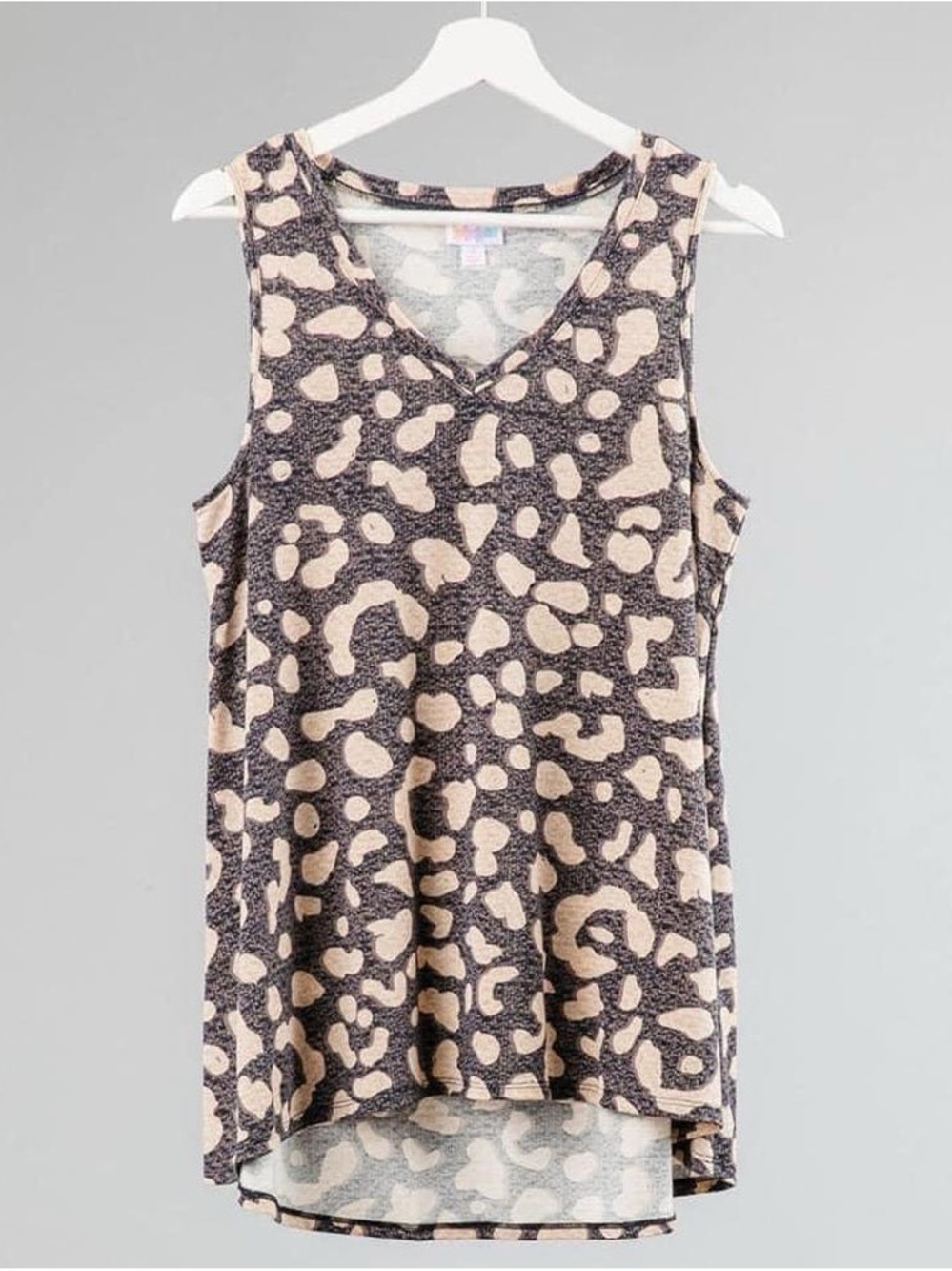 LuLaRoe Kristina Beige Animal Print V-Neck Tank Top on Charcoal